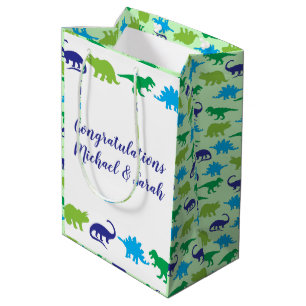Sacola Para Presentes Média Chá de fraldas de Dinossauro Gelado Azul e Verde