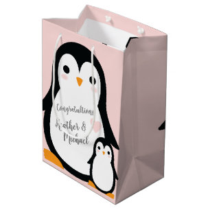 Sacola Para Presentes Média Chá de fraldas de pinguim bonito, garoto azul