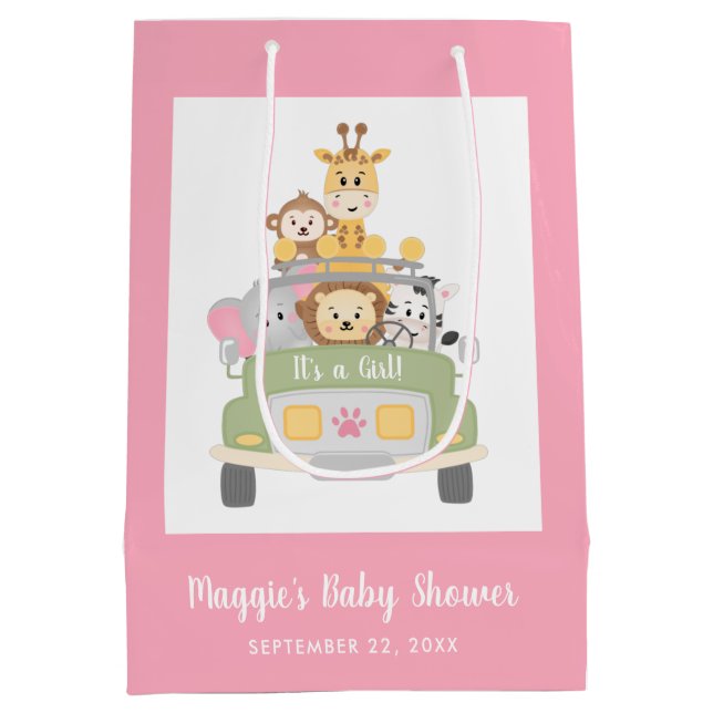 Sacola Para Presentes Média chá de fraldas É uma garota Rosa Safari Obrigado (Verso)