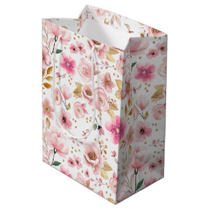 Sacola Para Presentes Média Chá de fraldas Floral Cor-de-Rosa Esbranquiçada co
