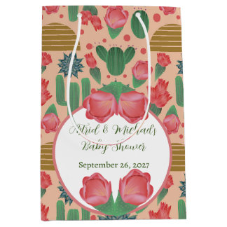 Sacola Para Presentes Média Chá de fraldas Floral Cor-de-Rosa Esbranquiçado