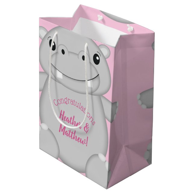 Sacola Para Presentes Média Chá de fraldas Hippo Rosa (Verso inclinado)