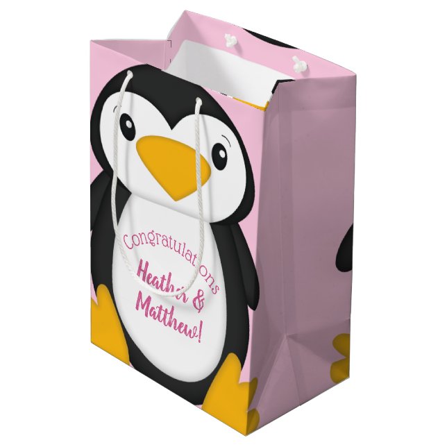 Sacola Para Presentes Média Chá de fraldas pinguim rosa (Verso inclinado)