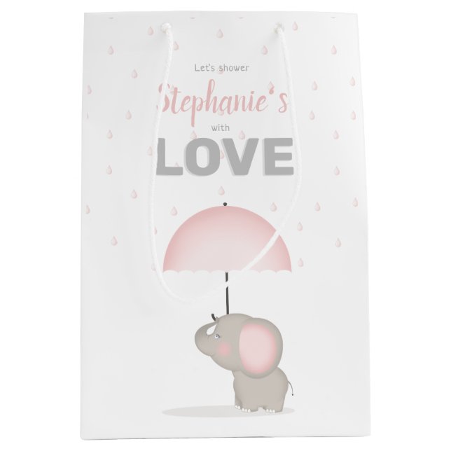 Sacola Para Presentes Média Chá de fraldas Rosa Elefante para Bebês (Frente)