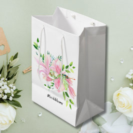 Sacola Para Presentes Média Chá de Noiva Aquarela Magnólia Rosa Elegante