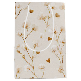 Sacola Para Presentes Média Chá de Noiva Floral Bege com Corações Marrons