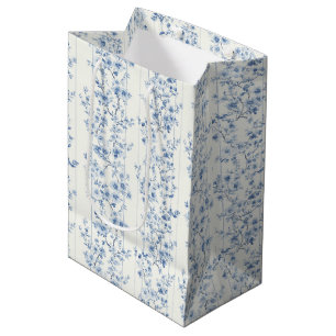 Sacola Para Presentes Média Chá de Noiva Floral Branco Azul Bonito