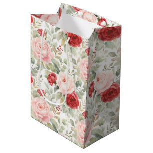 Sacola Para Presentes Média Chá de Noiva Floral com Rosas Vermelhas Rosadas