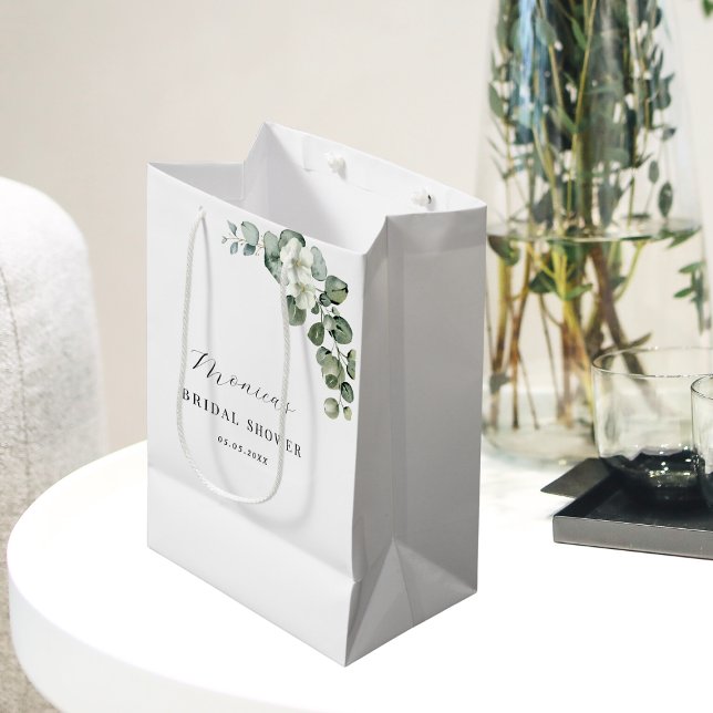 Sacola Para Presentes Média Chá de Noiva Floral de Eucalipto em Aquarela Verde (Criador carregado)