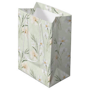 Sacola Para Presentes Média Chá de Noiva Floral de Hibisco Creme Branco Menta