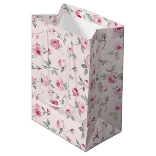 Sacola Para Presentes Média Chá de Noiva Floral de Rosas Rosa Bonito