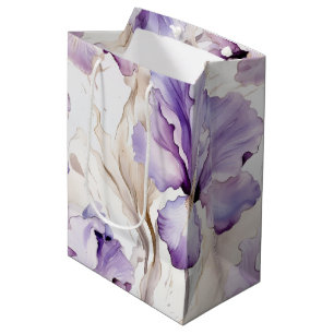 Sacola Para Presentes Média Chá de Noiva Floral Íris Creme Roxo Romântico