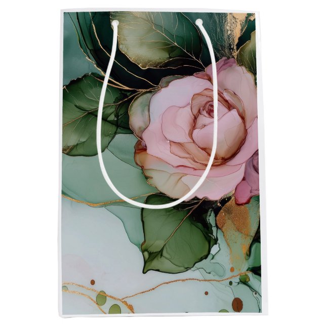 Sacola Para Presentes Média Chá de Noiva Floral Rosa Romântico Dourado Branco (Frente)