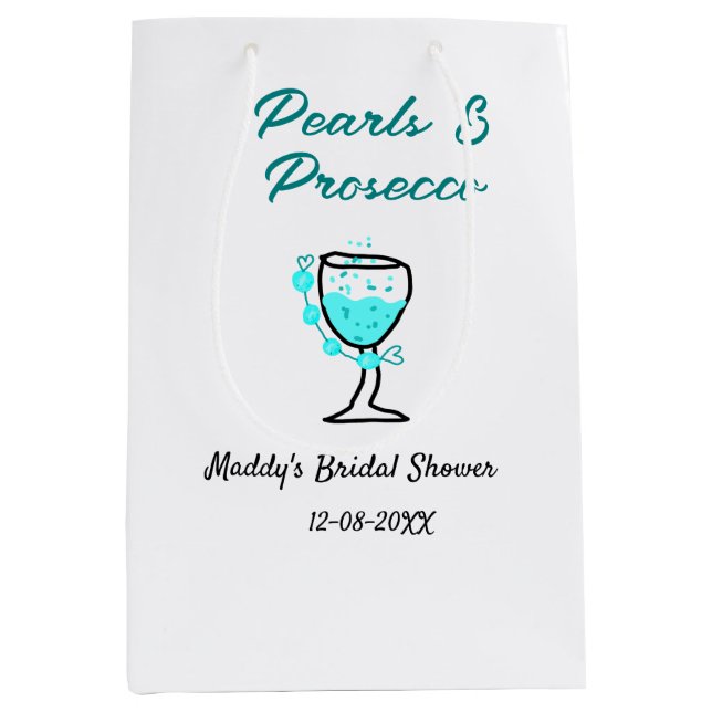 Sacola Para Presentes Média Chá de noiva pérolas e prosecco azul preto nome  (Frente)