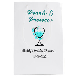 Sacola Para Presentes Média Chá de noiva pérolas e prosecco nome azul e preto 