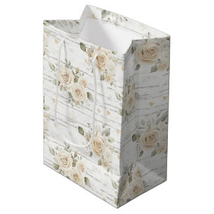 Sacola Para Presentes Média Chá de Noiva Romântico Creme Branco Floral Boho