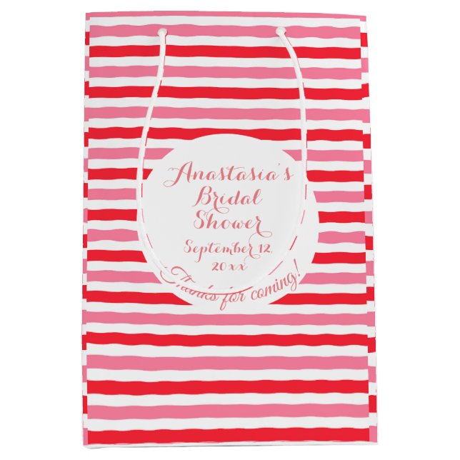 Sacola Para Presentes Média Chá de panela de faixas rosa brancas (Frente)