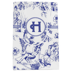 Sacola Para Presentes Média Chá de panela de Toile de Jouy Azul e Branco