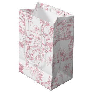 Sacola Para Presentes Média Chá de panela de Toile de Jouy, rosa e branco