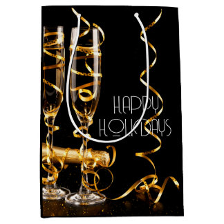Sacola Para Presentes Média Champagne Fita Dourada Felizes Festas