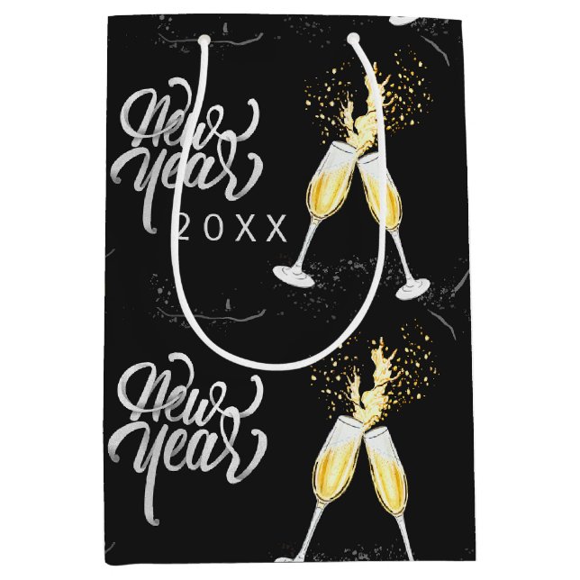 Sacola Para Presentes Média Champanhe Dourado Vidro Negro Confetti Moderno (Frente)