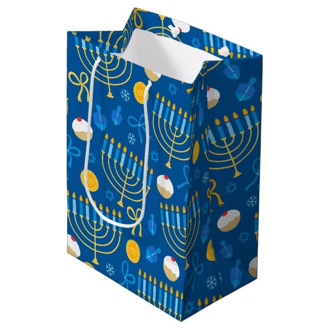 Sacola Para Presentes Média Chanukah Menorah Gelt Dreidel Blue (Frente inclinada)