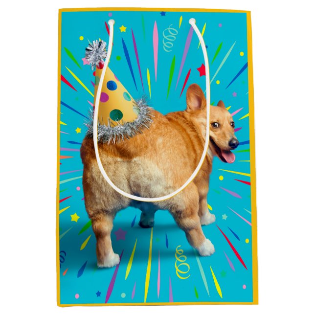 Sacola Para Presentes Média Chapéu de Aniversário Bumbum de Corgi (Frente)
