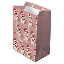 Sacola Para Presentes Média Chapéu de Papai Noel Corgi de Natal - Rosa Poeira