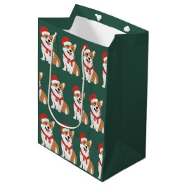 Sacola Para Presentes Média Chapéu de Papai Noel Corgi de Natal - Verde Flores