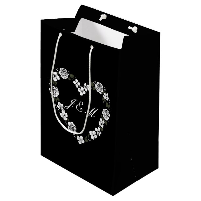 Sacola Para Presentes Média Chic Black and White Floral Wedding Gift Bag (Frente inclinada)