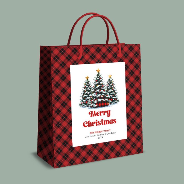 Sacola Para Presentes Média Chic buffalo plaid tree Christmas bag personalized (Chic buffalo plaid tree Christmas bag personalized)