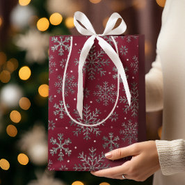 Sacola Para Presentes Média Chic Burgundy Natal com Flocos de Neve Elegantes
