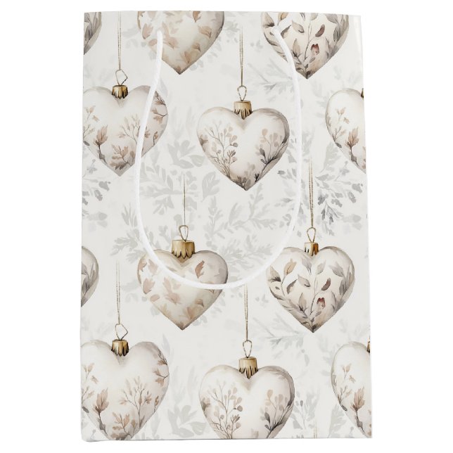 Sacola Para Presentes Média Chic Cream Grey Hearts Ornaments Wedding (Frente)