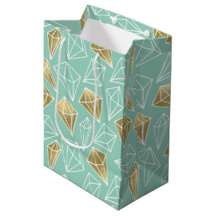 Sacola Para Presentes Média Chic Mint Diamantes Dourados Aniversário