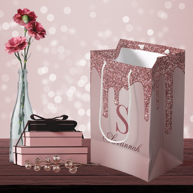 Sacola Para Presentes Média Chic Rose Gold Glitter Drips Sparkle Monogram (Criador carregado)