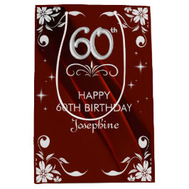 Sacola Para Presentes Média Chic Silver Floral Frame Burgundy 60º Aniversário