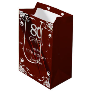 Sacola Para Presentes Média Chic Silver Floral Frame Burgundy 80 Birthday
