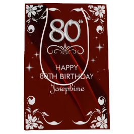 Sacola Para Presentes Média Chic Silver Floral Frame Burgundy 80 Birthday