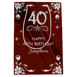 Sacola Para Presentes Média Chic Silver Floral Frame Burgundy aniversário de 4