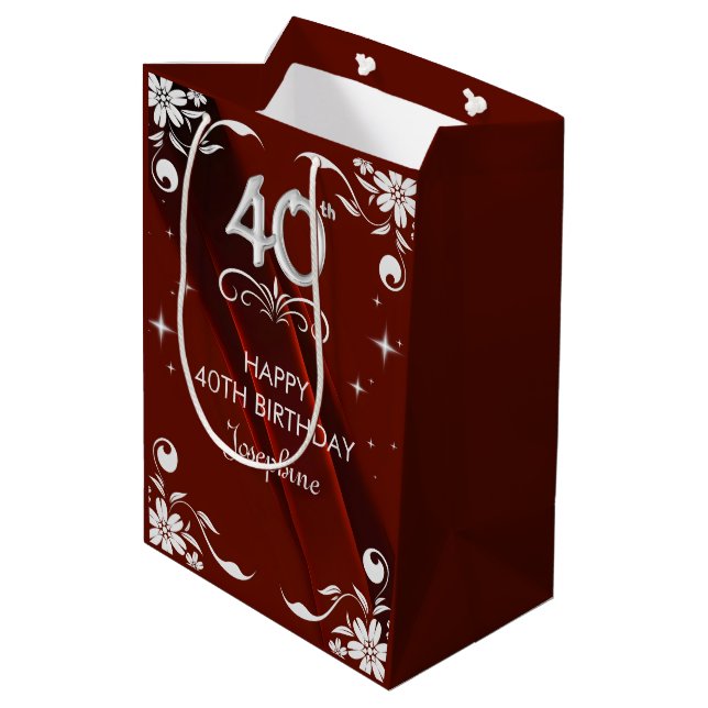 Sacola Para Presentes Média Chic Silver Floral Frame Burgundy aniversário de 4 (Verso inclinado)