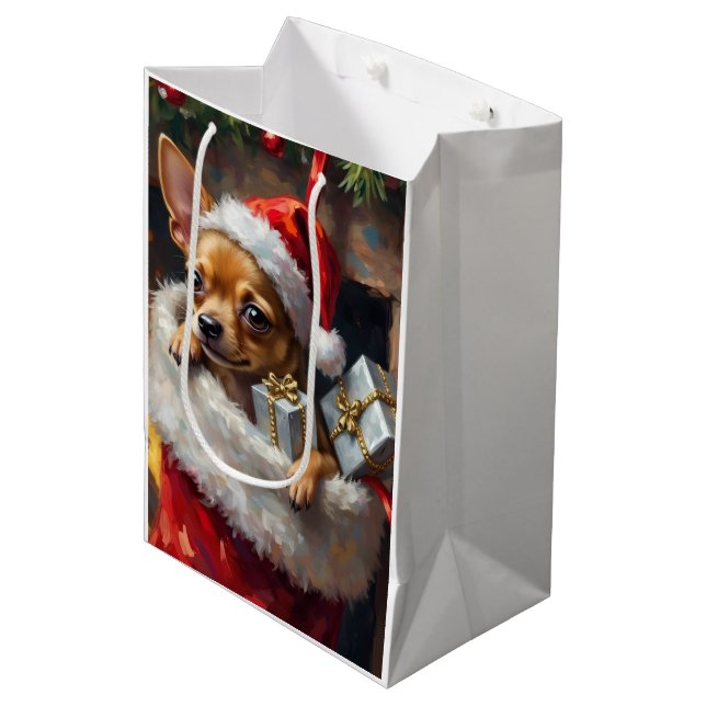 Sacola Para Presentes Média Chihuahua Dog Christmas Stocking Surprise Art (Frente inclinada)
