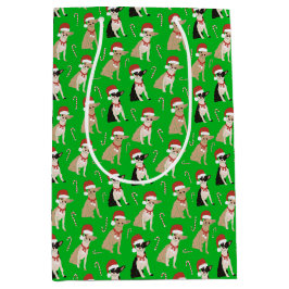 Sacola Para Presentes Média Chihuahua Santa Hat Candy Cane Natal Verde