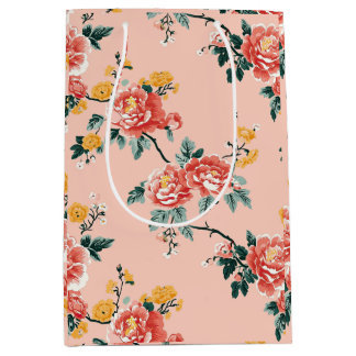 Sacola Para Presentes Média Chinoiserie cor-de-rosa pálido Floral