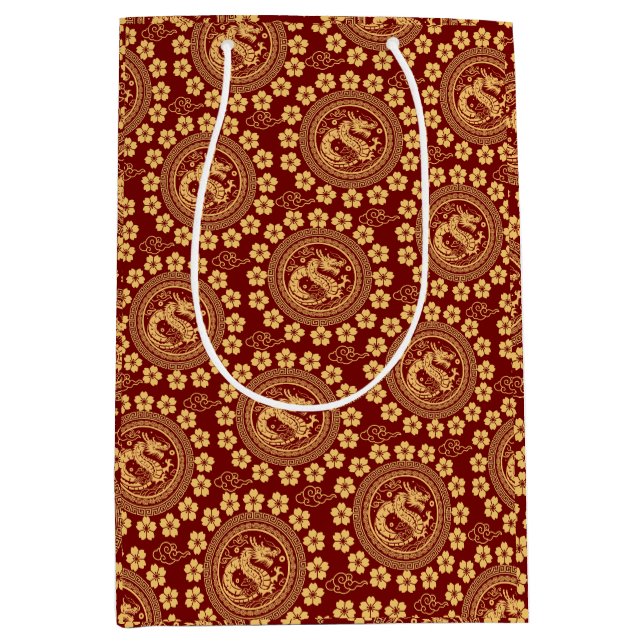 Sacola Para Presentes Média Chinoiserie Elegante para Dragão Lunar Ano Vermelh (Frente)