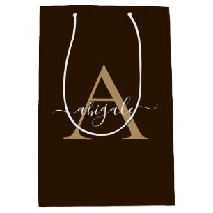 Sacola Para Presentes Média Chocolate Marrom Dourado Monogramado Elegância M