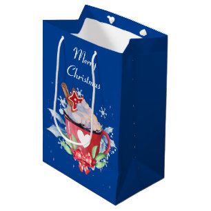 Sacola Para Presentes Média Chocolate Quente de Natal em Azul