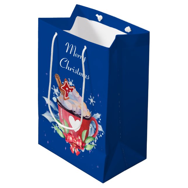 Sacola Para Presentes Média Chocolate Quente de Natal em Azul (Frente inclinada)