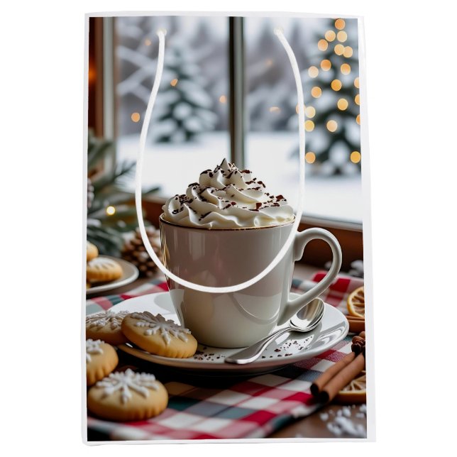 Sacola Para Presentes Média Chocolate Quente e Biscoitos de Açúcar Natal Festi (Frente)