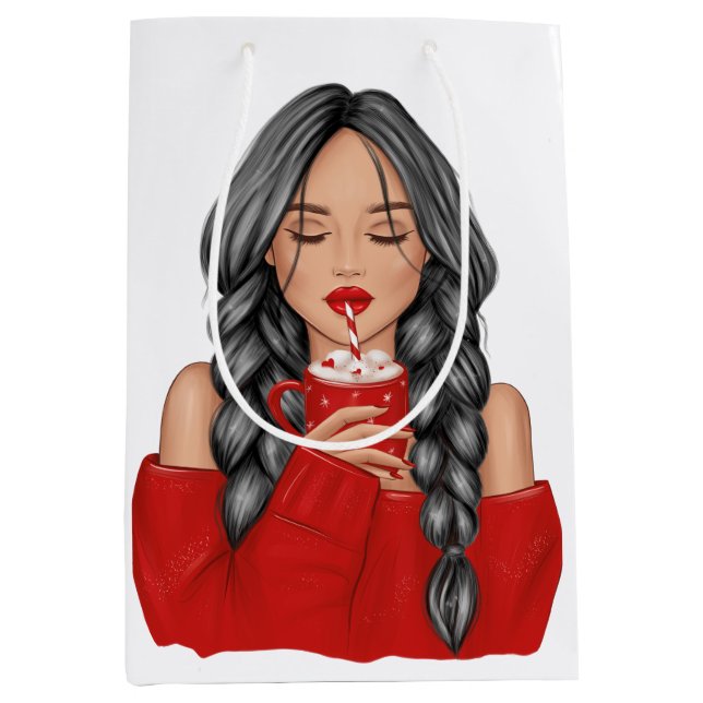 Sacola Para Presentes Média Chocolate Quente no Inverno em Sweater Vermelho (Frente)