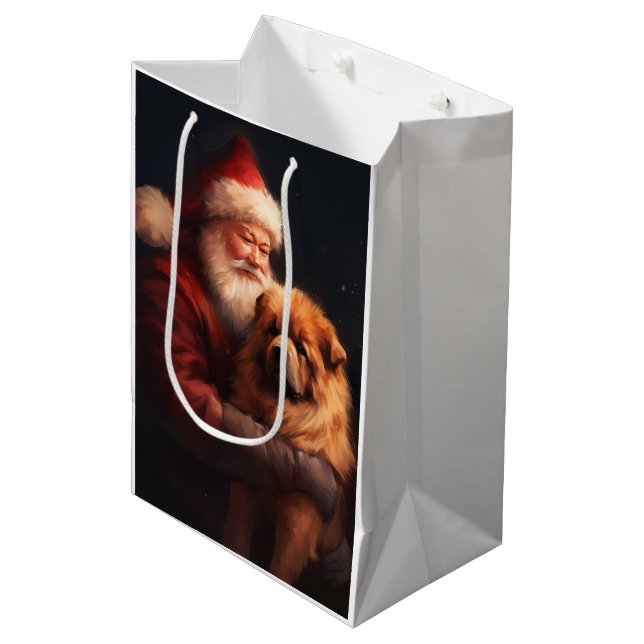 Sacola Para Presentes Média Chow Chow com Papai Noel Natal Festivo (Frente inclinada)